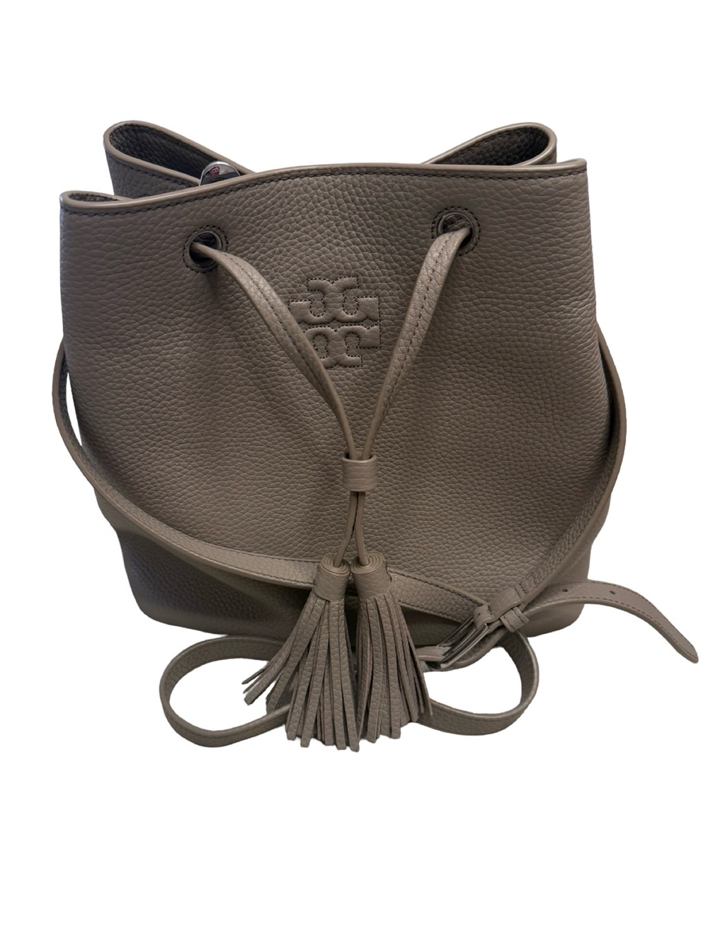 Tory Burch Thea Pebbled Leather Drawstring Bucket Bag in Taupe / Gray-Putty